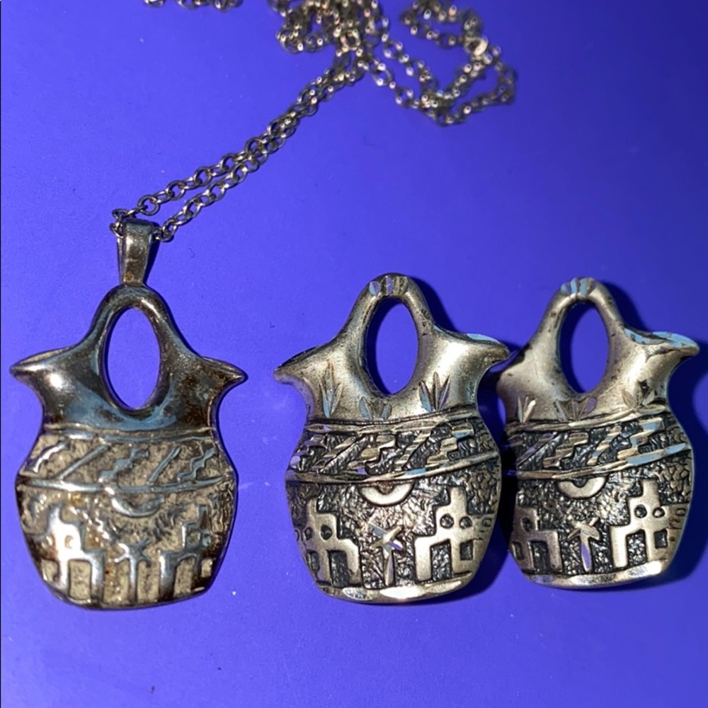 Sterling silver Mexico wedding vase jug necklace earrings set